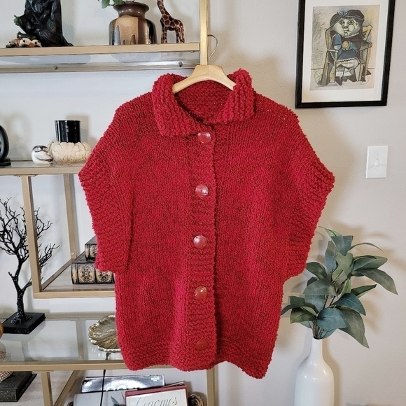 Vintage Hand Made Knit Button Down Sweater Top Red Size XL Short Sleeve - Picture 1 of 5